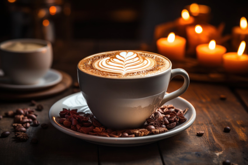 A cup of coffee on a wooden table with beautiful art A cup of coffee on a wooden table with beautiful art