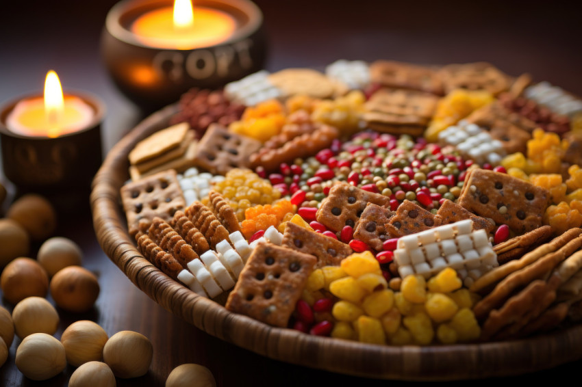 A festive scene with an assortment of snacks and sweets for a joyful lohri celebration A festive scene with an assortment of snacks and sweets for a joyful lohri celebration