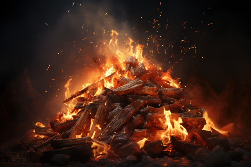 Fire created with sticks burning against a dark backdrop Fire created with sticks burning against a dark backdrop