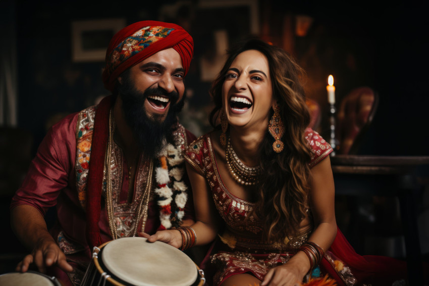 Man and woman in traditional dress with drums dancing joyfully to rhythmic beats in cultural celebration Man and woman in traditional dress with drums dancing joyfully to rhythmic beats in cultural celebration