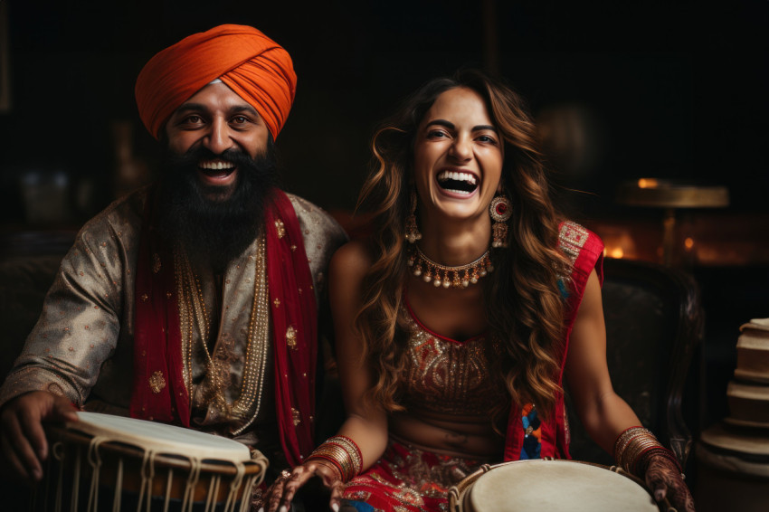 Man and woman in traditional dress play drums while a dancer performs a lively routine Man and woman in traditional dress play drums while a dancer performs a lively routine