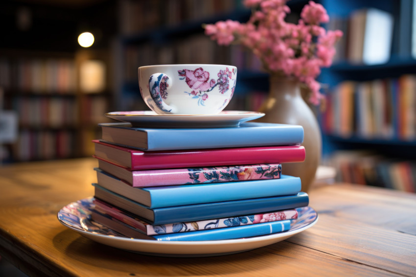 A coffee cup placed on books atop a wooden table A coffee cup placed on books atop a wooden table