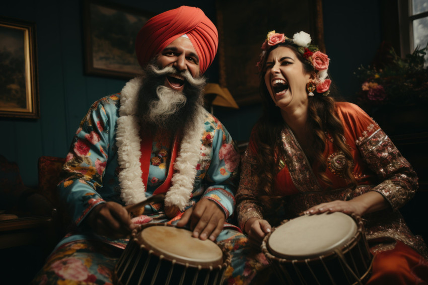 Two individuals in punjabi attire drum dance while holding traditional instruments in a vibrant celebration of culture and music Two individuals in punjabi attire drum dance while holding traditional instruments in a vibrant celebration of culture and music