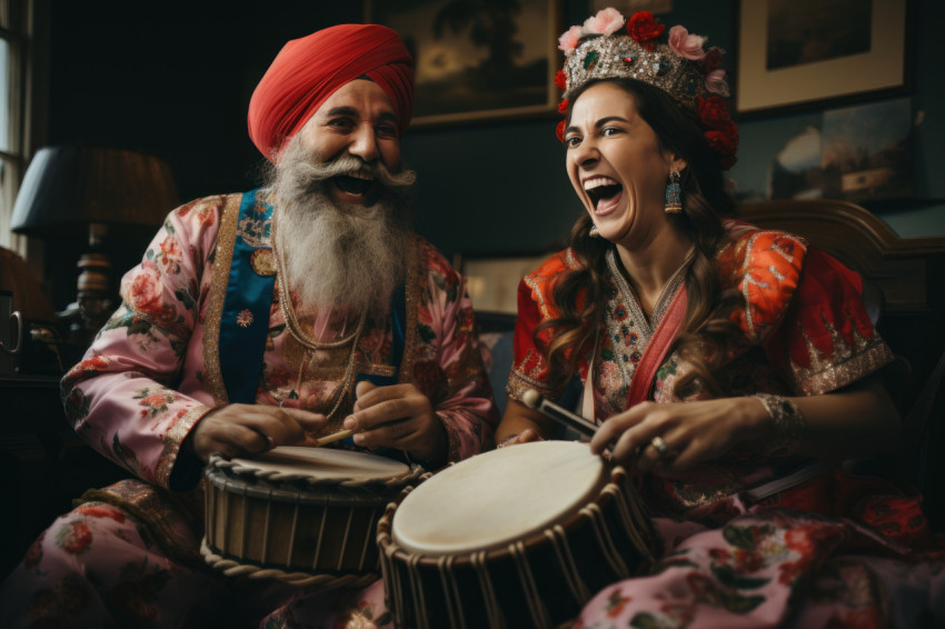Two individuals in punjabi attire drum dance Two individuals in punjabi attire drum dance
