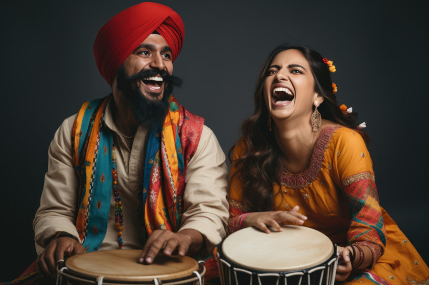 Indian couple joyfully dances in traditional attire adorned with turbans playing a drum on a white background Indian couple joyfully dances in traditional attire adorned with turbans playing a drum on a white background, lhori, makar sankranti