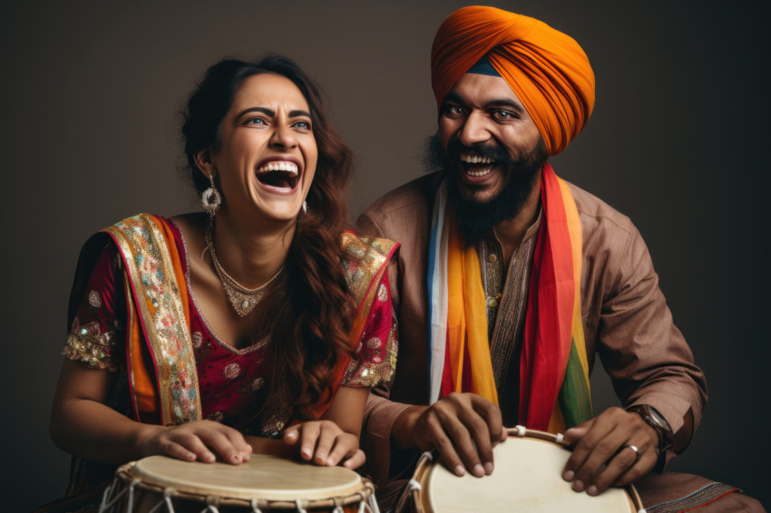 Indian couple dances in traditional attire turbans playing drum on a white background Indian couple dances in traditional attire turbans playing drum on a white background