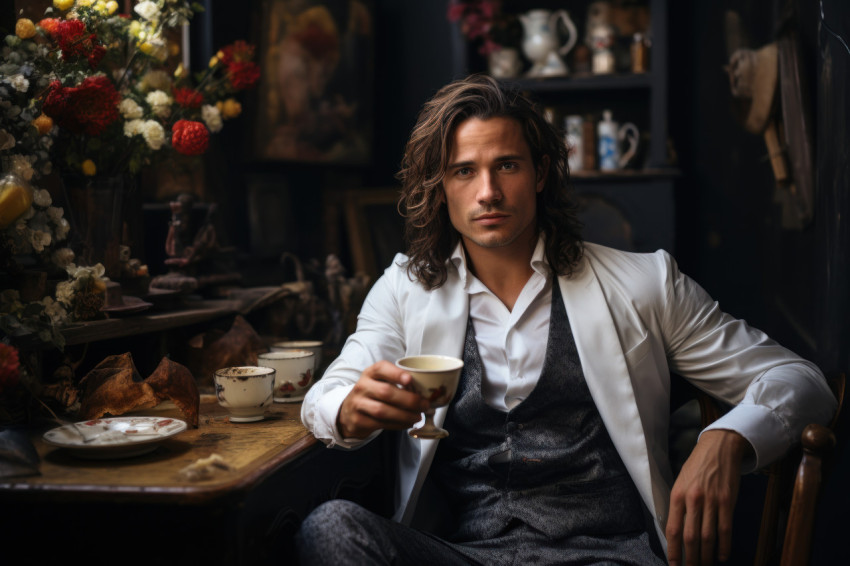 A man in a white shirt enjoying coffee while sitting in a chair A man in a white shirt enjoying coffee while sitting in a chair
