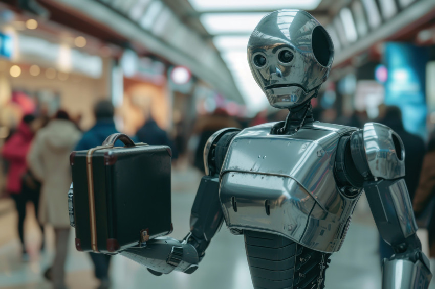 Robot holding briefcase surrounded by people in the background Robot holding briefcase surrounded by people in the background