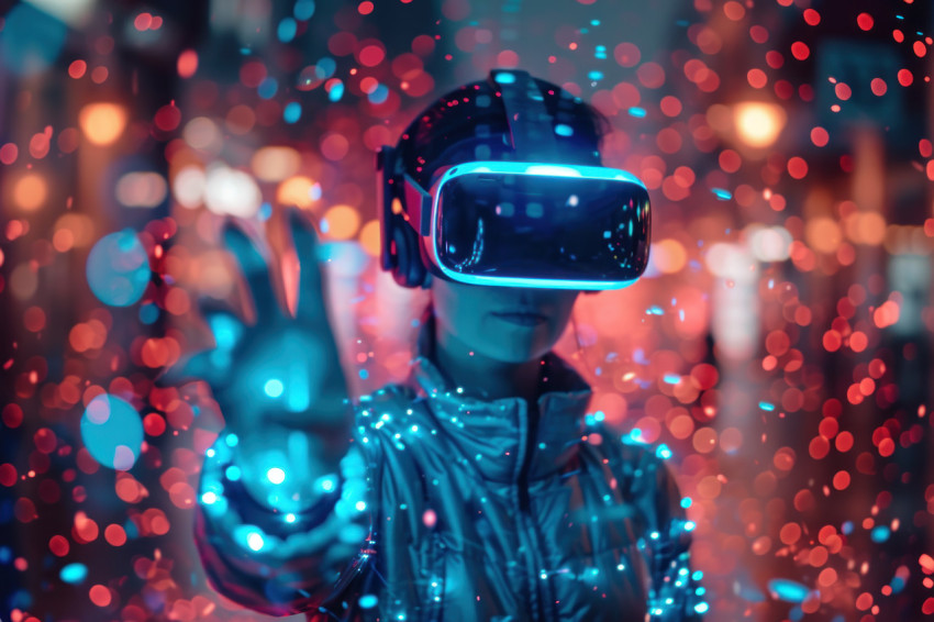 Person using virtual reality interacting with digital world using finger gestures Person using virtual reality interacting with digital world using finger gestures