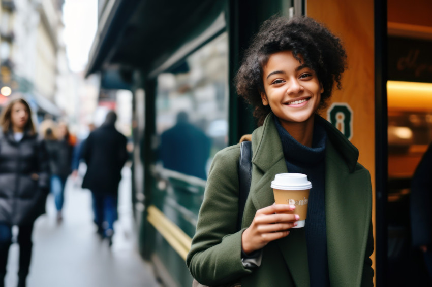 A young woman savors her coffee against the backdrop of a metro train A young woman savors her coffee against the backdrop of a metro train
