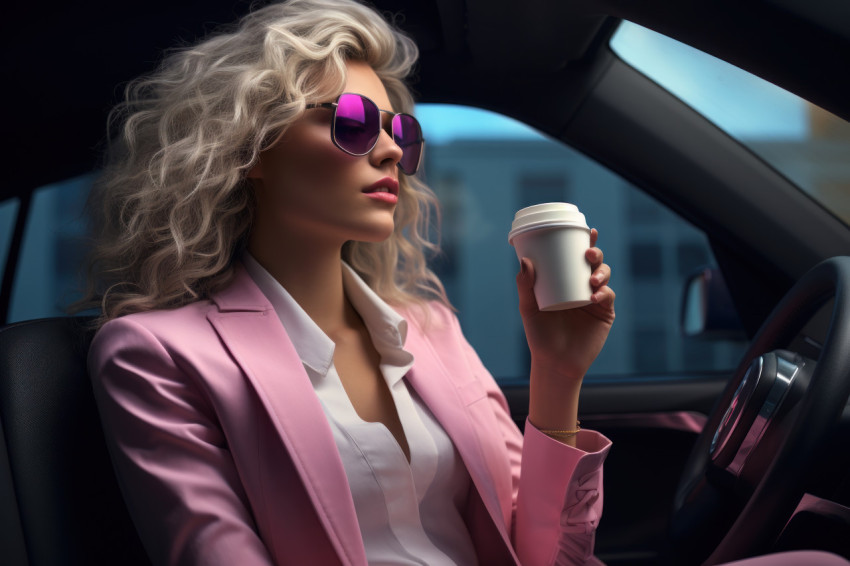 Woman enjoying coffee while driving multitasking on the road with a cup in hand Woman enjoying coffee while driving multitasking on the road with a cup in hand