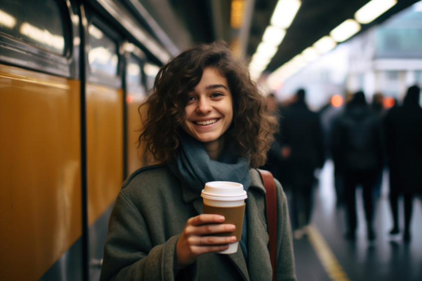 Woman with coffee standing by a train Woman with coffee standing by a train