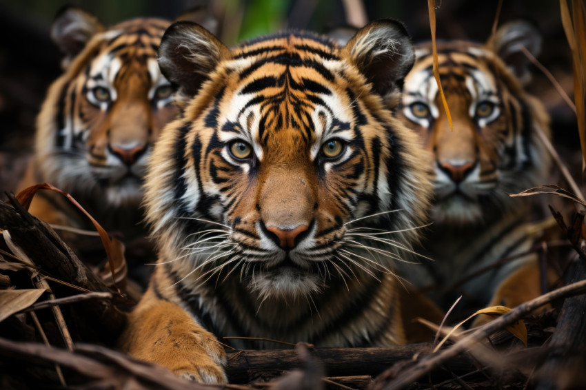 Three tigers peacefully lounging on forest grass Three tigers peacefully lounging on forest grass