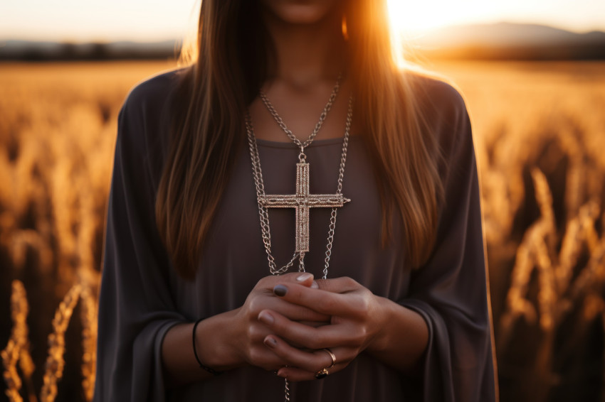 Person holds cross pendant embracing the sunrise with hope and faith Person holds cross pendant embracing the sunrise with hope and faith