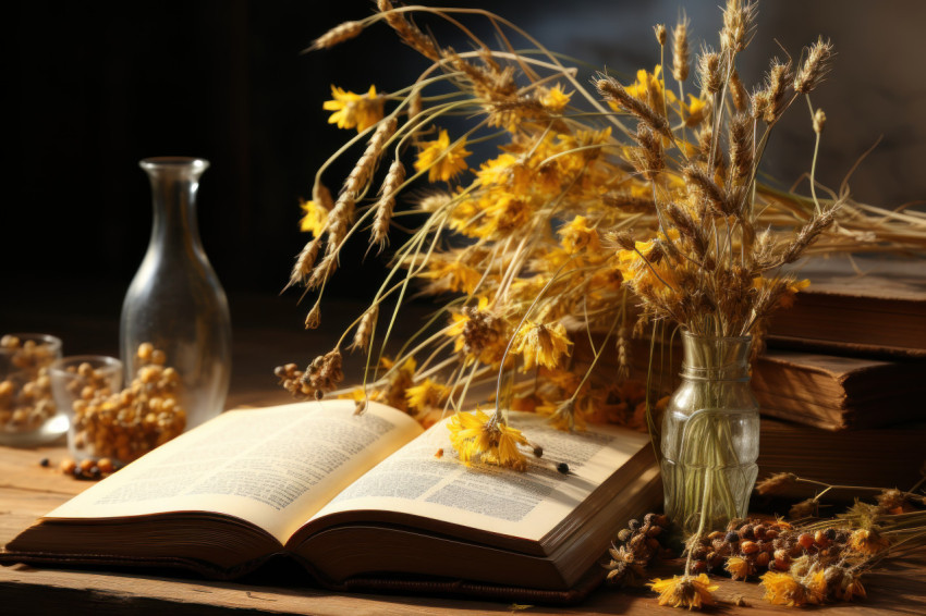 Open bible on wooden table with wheat leaves and sunlight symbolizing spirituality and nature connection Open bible on wooden table with wheat leaves and sunlight symbolizing spirituality and nature connection