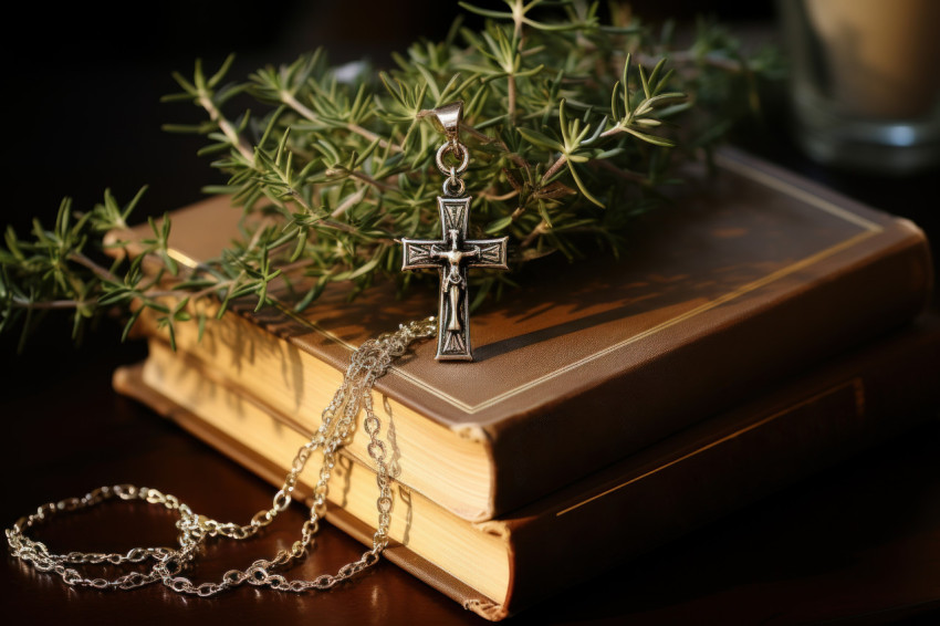 Antique cross surrounded by books and herb creating a serene and spiritual atmosphere Antique cross surrounded by books and herb creating a serene and spiritual atmosphere