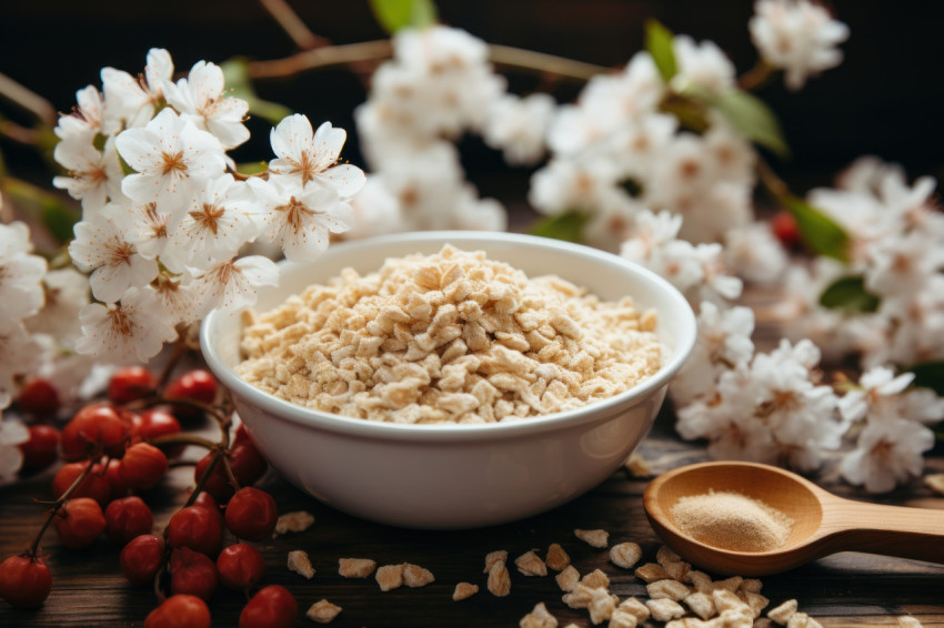 Shredded cereal in white bowl beside blossoming branch creating a delightful breakfast scene Shredded cereal in white bowl beside blossoming branch creating a delightful breakfast scene