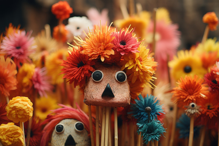 Group of vibrant handmade felt sticks with sticks in a playful arrangement Group of vibrant handmade felt sticks with sticks in a playful arrangement