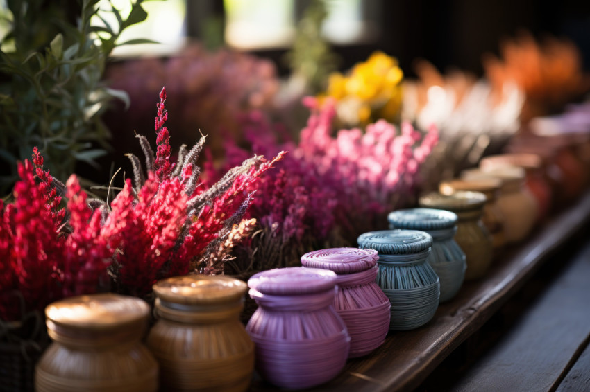 Colorful flowering herbs fill wicker vases beside wooden looms on a table creating a vibrant and aromatic setting Colorful flowering herbs fill wicker vases beside wooden looms on a table creating a vibrant and aromatic setting