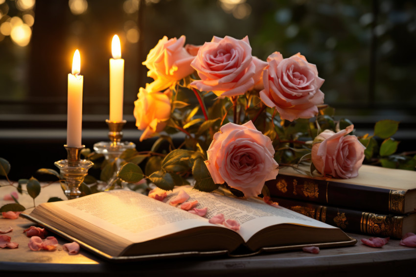 Open bible on table large rose sunrise Open bible on table large rose sunrise