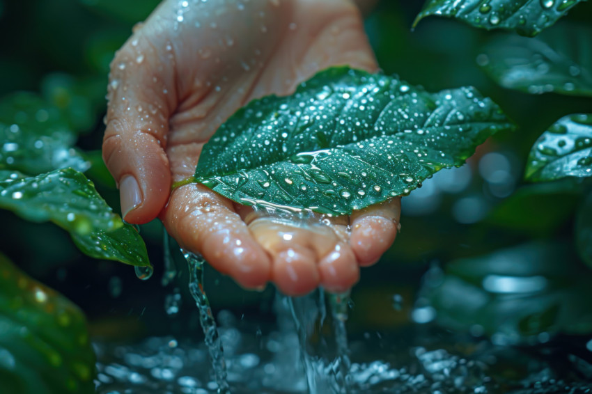 Hand pouring water on a garden with a lush green leaf Hand pouring water on a garden with a lush green leaf