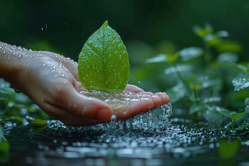 Water flows from a hand onto a garden with a green leaf nurturing nature and bringing life to the surroundings Water flows from a hand onto a garden with a green leaf nurturing nature and bringing life to the surroundings