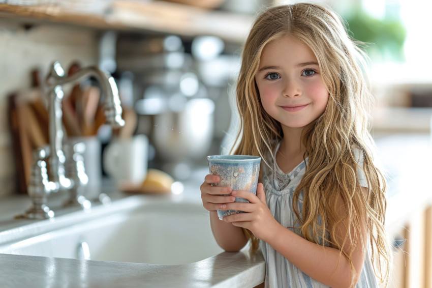 Young girl holding cup drawing water from kitchen sink Young girl holding cup drawing water from kitchen sink