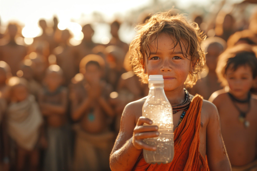 Kid holds water bottle in front of people showcasing hydration amidst a lively crowd Kid holds water bottle in front of people showcasing hydration amidst a lively crowd
