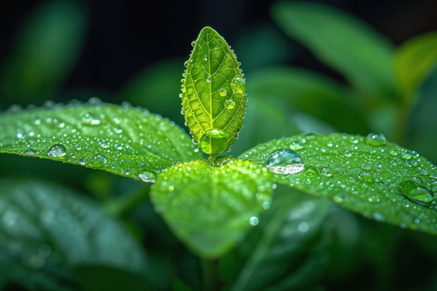 Water drop on vibrant green leaf glistening in natural light Water drop on vibrant green leaf glistening in natural light