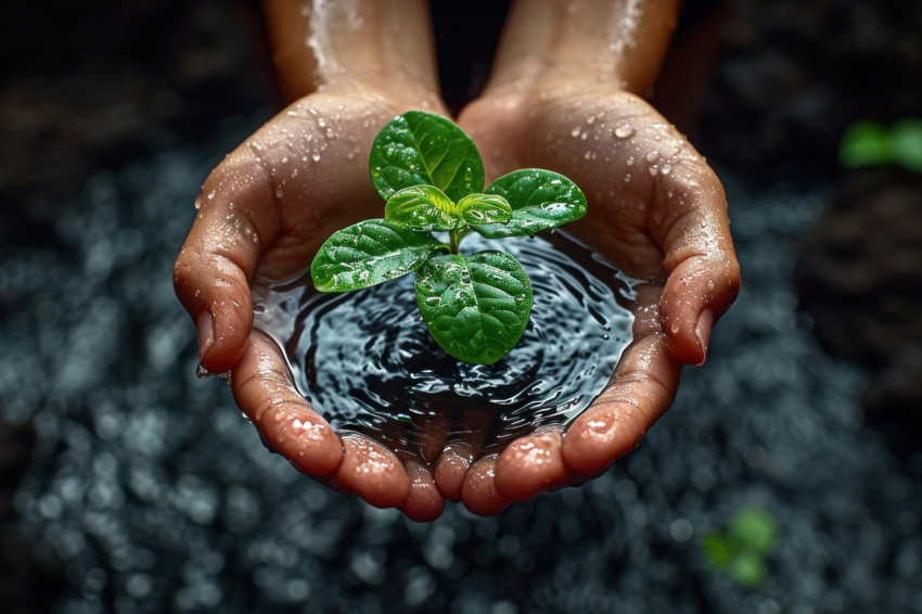 Water concept on black background with plant held in hands Water concept on black background with plant held in hands