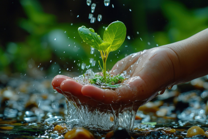 Hand palm waters tiny plant with hose lifting it into the air Hand palm waters tiny plant with hose lifting it into the air