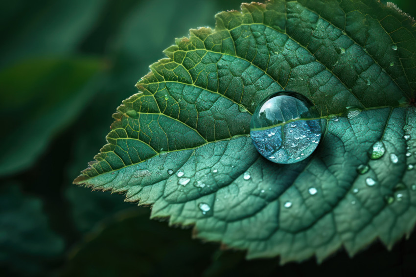 Clear water drop glistens in a leaf on a vibrant green background nature delicate beauty captured in a single moment Clear water drop glistens in a leaf on a vibrant green background nature delicate beauty captured in a single moment