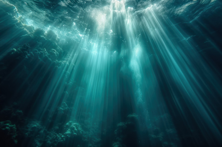 Beams of light underwater illuminate the water surface creating a mesmerizing and magical underwater scene Beams of light underwater illuminate the water surface creating a mesmerizing and magical underwater scene