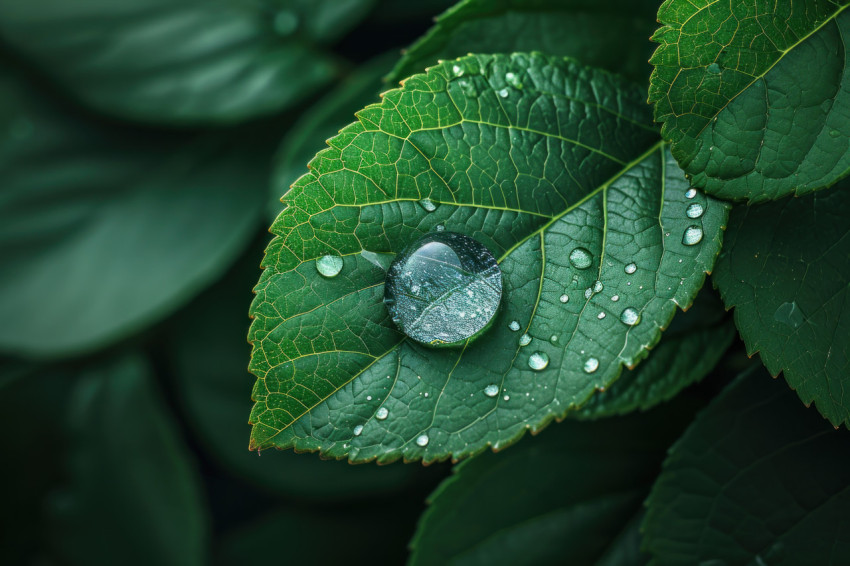 Water drop resting on a vibrant green leaf showcasing natures delicate beauty in a single moment Water drop resting on a vibrant green leaf showcasing natures delicate beauty in a single moment