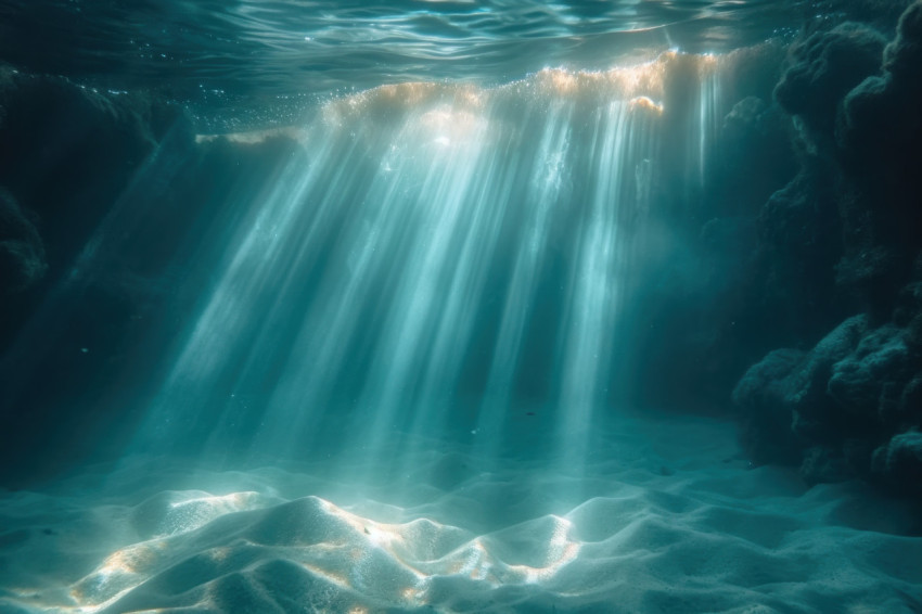 Beams of light underwater illuminate the water surface in a mesmerizing display of aquatic radiance Beams of light underwater illuminate the water surface in a mesmerizing display of aquatic radiance