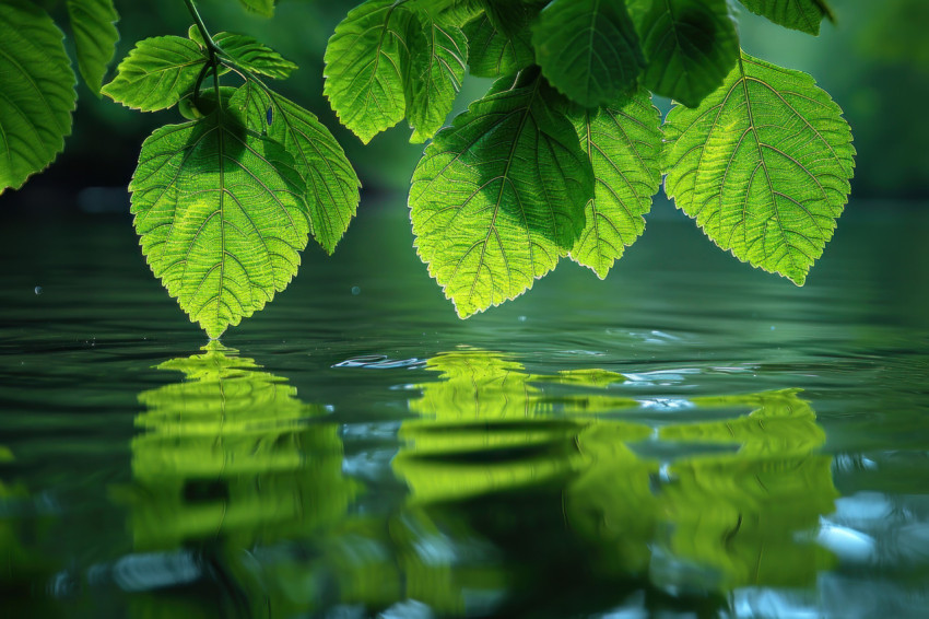 Vibrant green leaves reflect in calm water creating a serene and natural scene of beauty Vibrant green leaves reflect in calm water creating a serene and natural scene of beauty