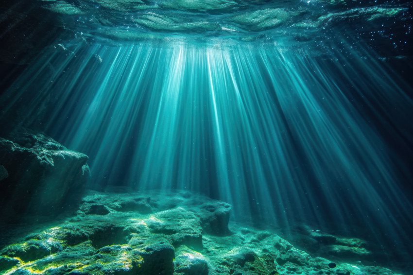Beams of light underwater illuminate the water surface creating a mesmerizing aquatic scene Beams of light underwater illuminate the water surface creating a mesmerizing aquatic scene