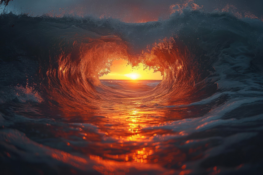A heart shaped wave in the ocean at sunset creating a beautiful and romantic scene A heart shaped wave in the ocean at sunset creating a beautiful and romantic scene