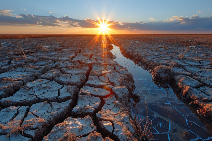 Dry fields meet water under a sunbeam on the horizon creating a serene landscape Dry fields meet water under a sunbeam on the horizon creating a serene landscape