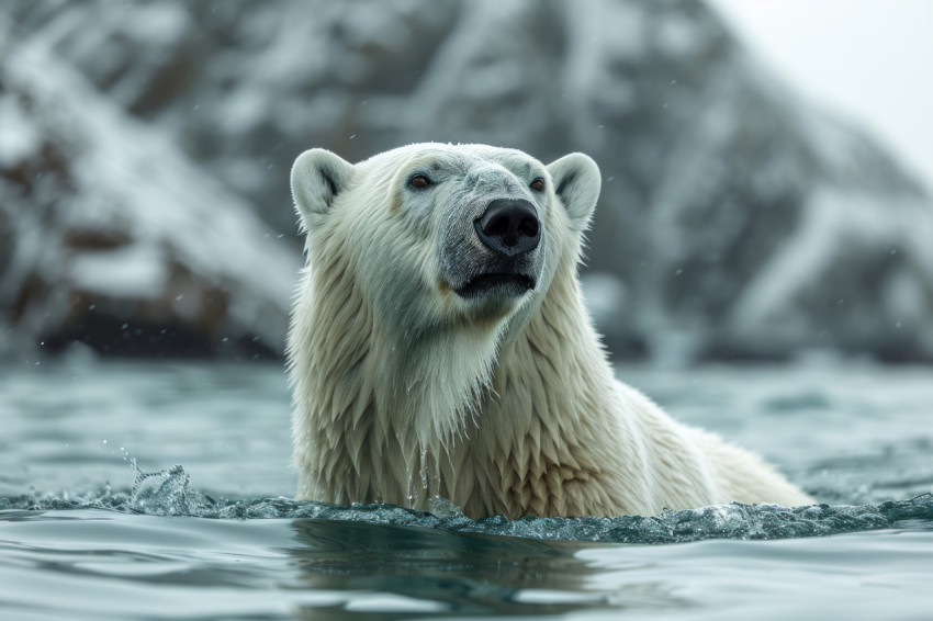 Polar bear in water gazes at mountain in the backdrop Polar bear in water gazes at mountain in the backdrop