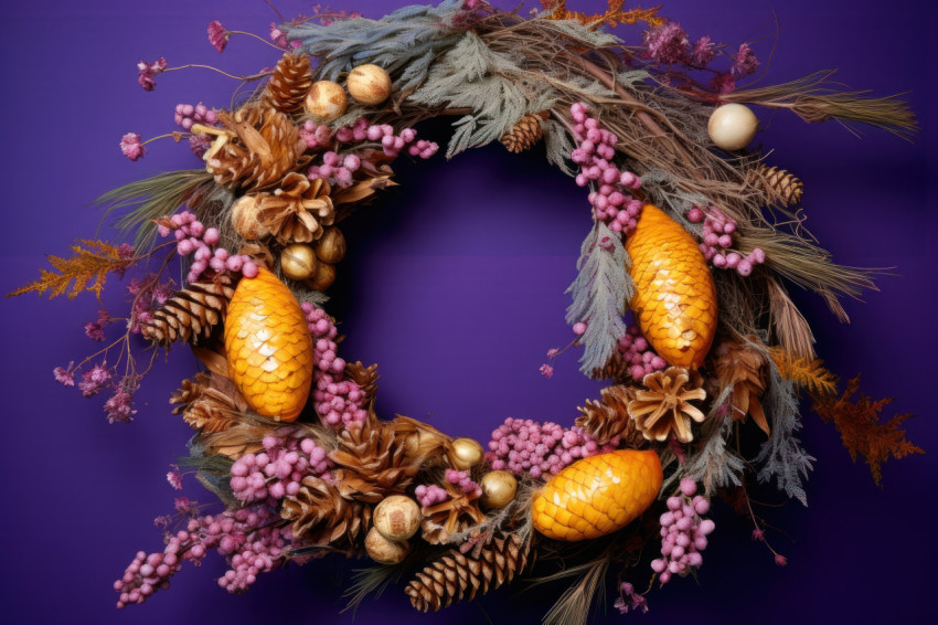 Yellow cypress and pine cone wreath on vibrant purple backdrop Yellow cypress and pine cone wreath on vibrant purple backdrop