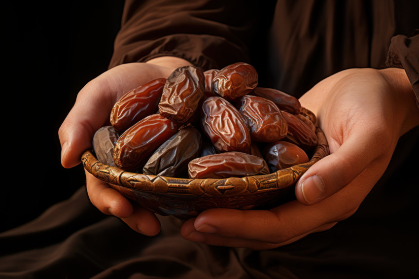 Brown dates resting on a palm a simple and natural scene capturing the beauty of this delicious fruit Brown dates resting on a palm a simple and natural scene capturing the beauty of this delicious fruit
