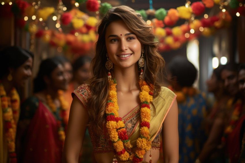 Women in indian attire stand in a room adorned with yellow garlands creating a vibrant and cultural atmosphere Women in indian attire stand in a room adorned with yellow garlands creating a vibrant and cultural atmosphere