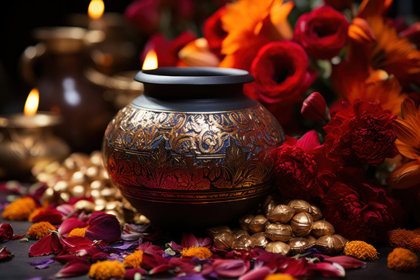 Gold plated copper urn beside vibrant petals and flowers Gold plated copper urn beside vibrant petals and flowers