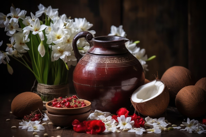 Coconut and flowers in metal pot part of hindu festival or gudi padwa celebration Coconut and flowers in metal pot part of hindu festival or gudi padwa celebration