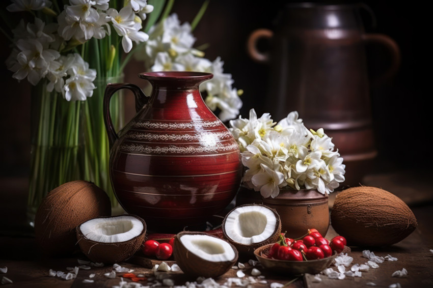 Coconut and flowers in metal pot for hindu festival pooja celebrating gudi padwa with traditional offerings in vibrant colors Coconut and flowers in metal pot for hindu festival pooja celebrating gudi padwa with traditional offerings in vibrant colors
