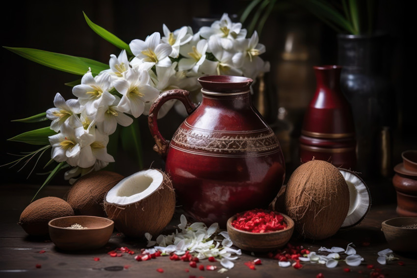 Coconut and flowers in metal pot part of hindu pooja festival or gudi padwa celebration Coconut and flowers in metal pot part of hindu pooja festival or gudi padwa celebration