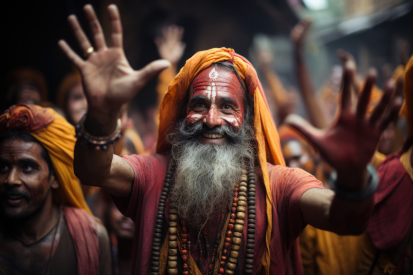 Man in orange garb greeting people hands over face expressing welcome and warmth in friendly interaction Man in orange garb greeting people hands over face expressing welcome and warmth in friendly interaction