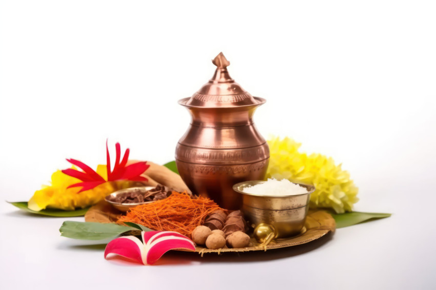 Copper kalash coconut mango leaf pooja thali diya kumkum and sweets on a white background with floral decoration Copper kalash coconut mango leaf pooja thali diya kumkum and sweets on a white background with floral decoration