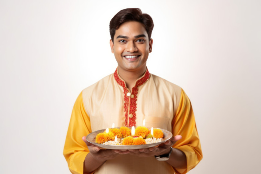 Indian man in traditional attire holds festive plate with marigold and diya lights celebrating diwali on a white background Indian man in traditional attire holds festive plate with marigold and diya lights celebrating diwali on a white background